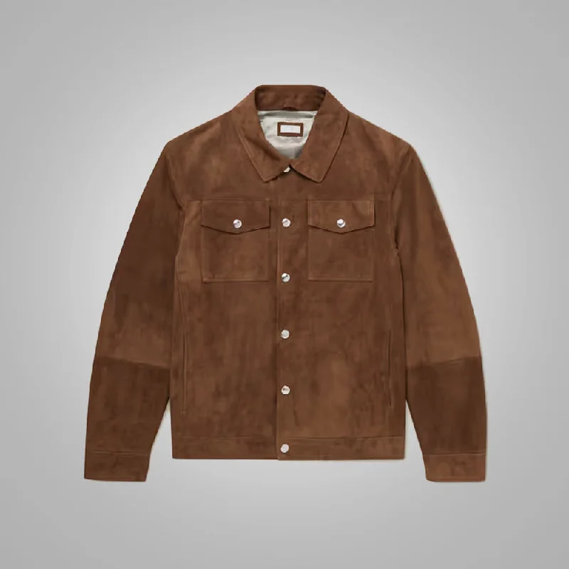 Men leather vests with a zip - front for easy layering and a cool biker - inspired style Mens Brown Lambskin Leather Trucker Jacket