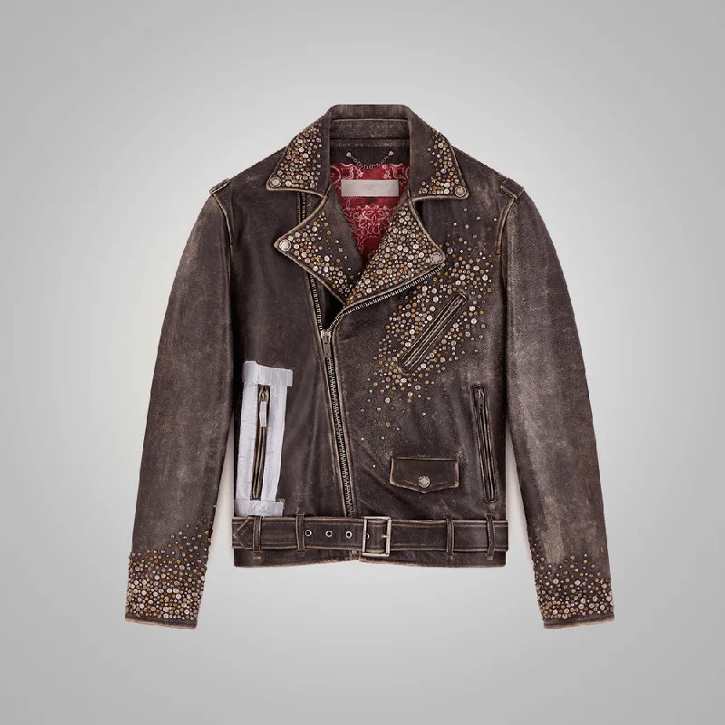 Men leather waistcoats with a decorative button - front for a formal and refined look Mens Brown Studded Distressed Leather Jacket