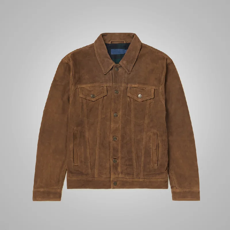 Men leather trench coats with a double - breasted design for a classic and sophisticated look Mens Brown Suede Leather Iconic Trucker Jacket