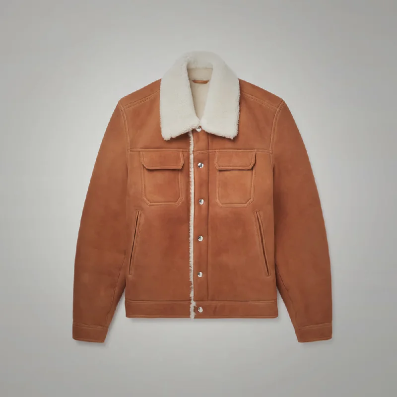 Men leather denim jackets with a combination of leather and denim for a unique hybrid style Mens Brown Suede Leather Shearling Trucker Jacket