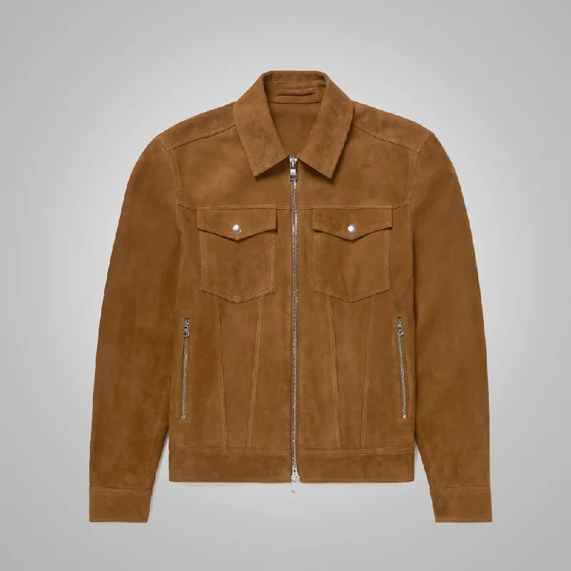 Men leather raincoats with a waterproof membrane for staying dry in wet conditions Mens Brown Suede Leather Trucker Jacket