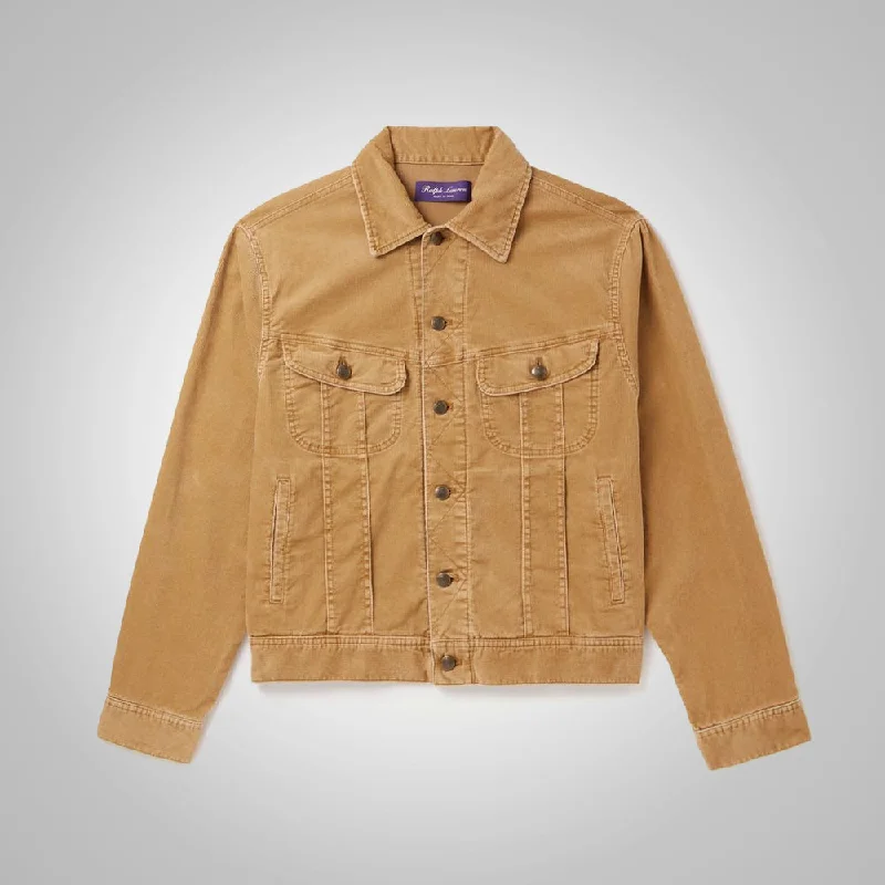 Men leather pea jackets with a high - collar for added warmth and a classic nautical style Mens Brown Trucker Style Corduroy Jacket