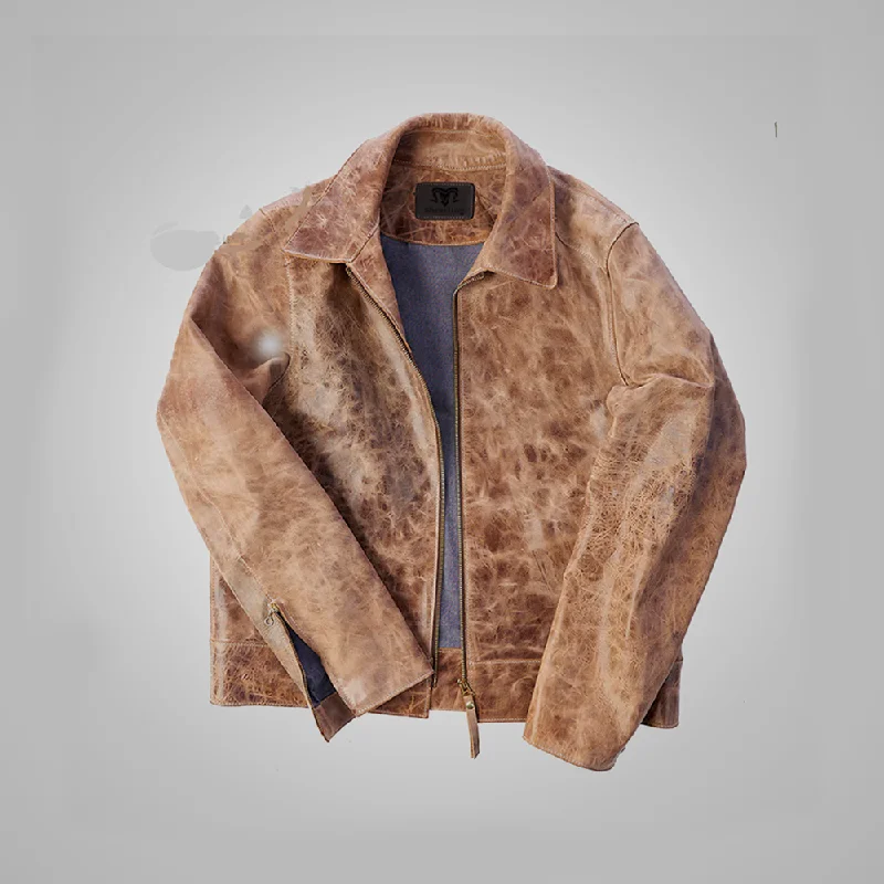 Men leather denim jackets with a combination of leather and denim for a unique hybrid style Mens Brown Vintage Distressed Real Leather Two Pocket Jacket