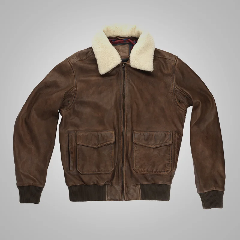 Men leather anoraks with a hooded design for protection against wind and rain Mens Brown Waxed Sheepskin Aviator Leather Flight Jacket