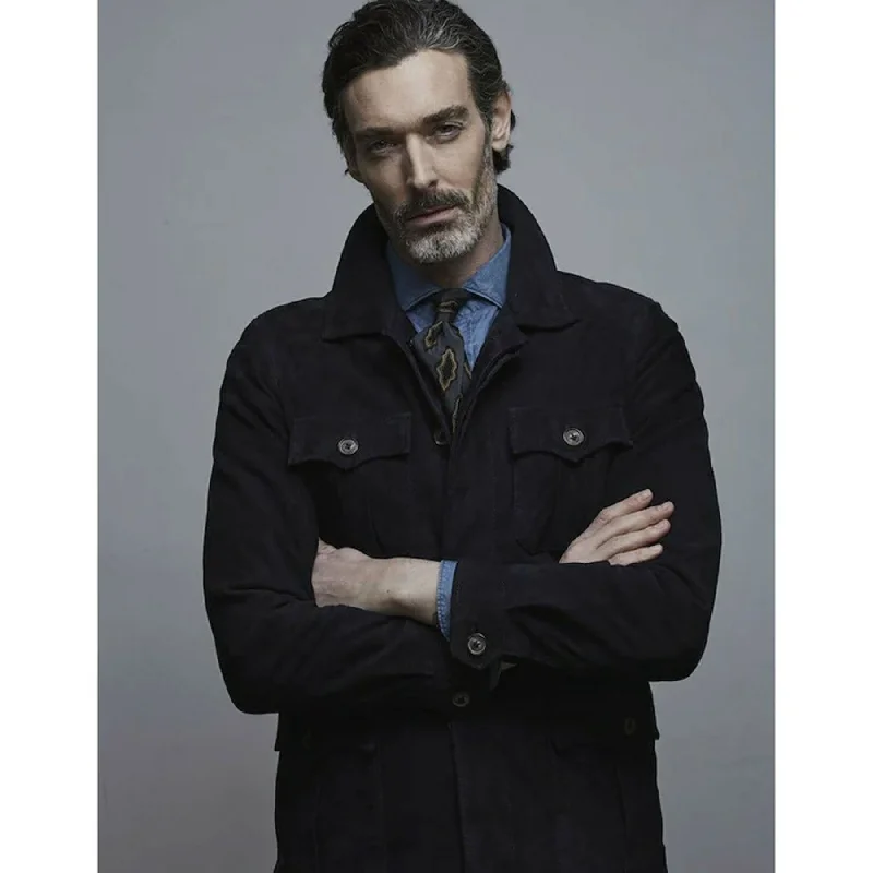Men leather trench coats with a double - breasted design for a classic and sophisticated look Men's Chocolate Medium Blue Shirt Jeans Style Leather Suede Bomber Jacket