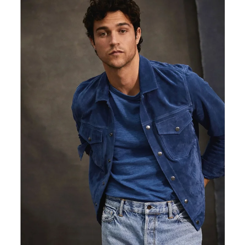 Men leather sport coats with a stretch - fabric panel for enhanced mobility Men's Chocolate Medium Blue Leather Suede Bomber Jacket