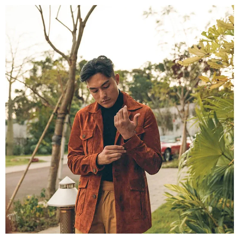 Men leather bomber jackets with ribbed cuffs and hem for a snug and retro feel Men's Cream Brown Leather Suede Bomber Shirt Jeans Style Jacket