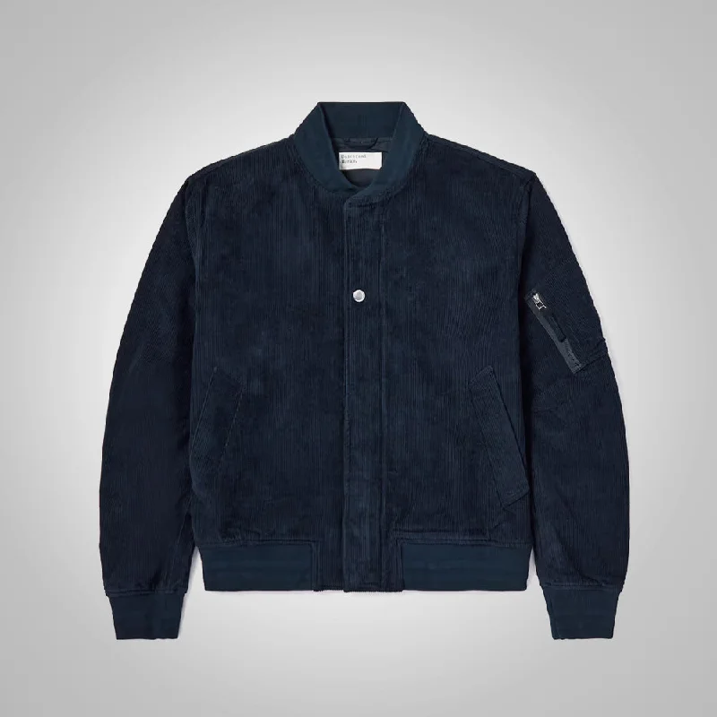 Men leather trench coats with a double - breasted design for a classic and sophisticated look Mens Dark Blue Sleek Corduroy Bomber Jacket