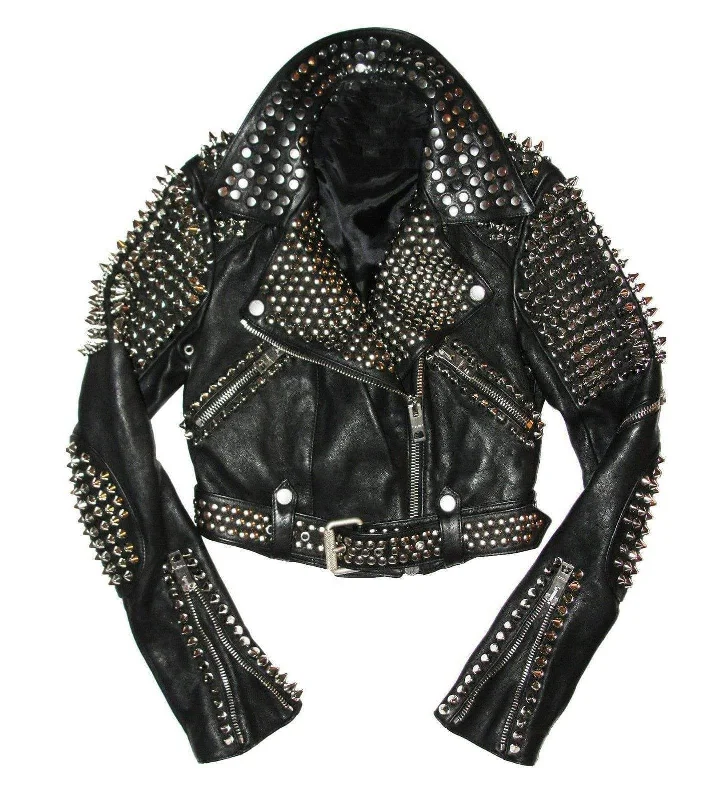Men leather parkas with a removable fur - trimmed hood for a versatile and stylish look Full Black Punk Brando Silver Spiked Studded Cowhide Leather Jacket