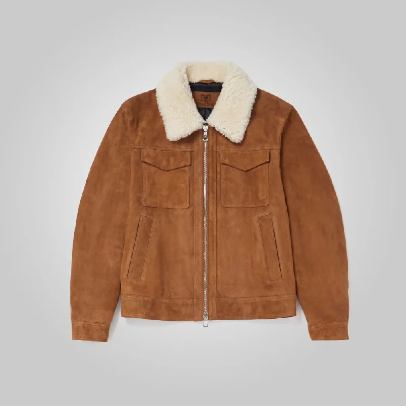 Men leather pea jackets with a high - collar for added warmth and a classic nautical style Mens Fur Collar Brown Suede Leather Trucker Jacket
