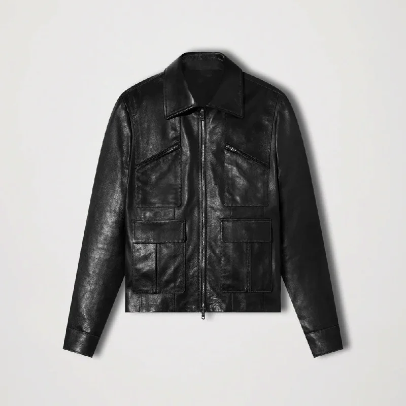 Men leather anoraks with a hooded design for protection against wind and rain Mens Genuine Black Sheepskin Trucker Leather Jacket