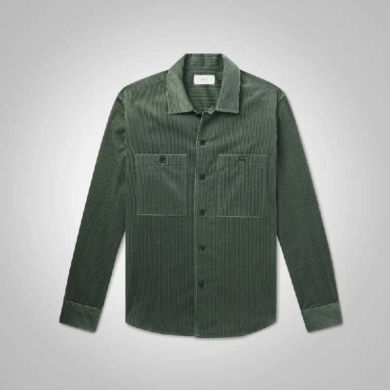 Men leather blazers with a modern fit for a stylish office - to - evening option Men's Green Full Sleeves Corduroy Jacket