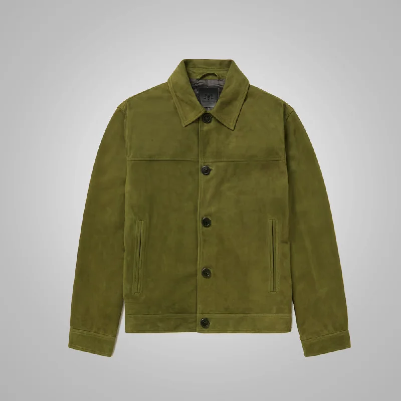 Men leather waistcoats with a decorative button - front for a formal and refined look Men's Green Suede Leather Trucker Jacket
