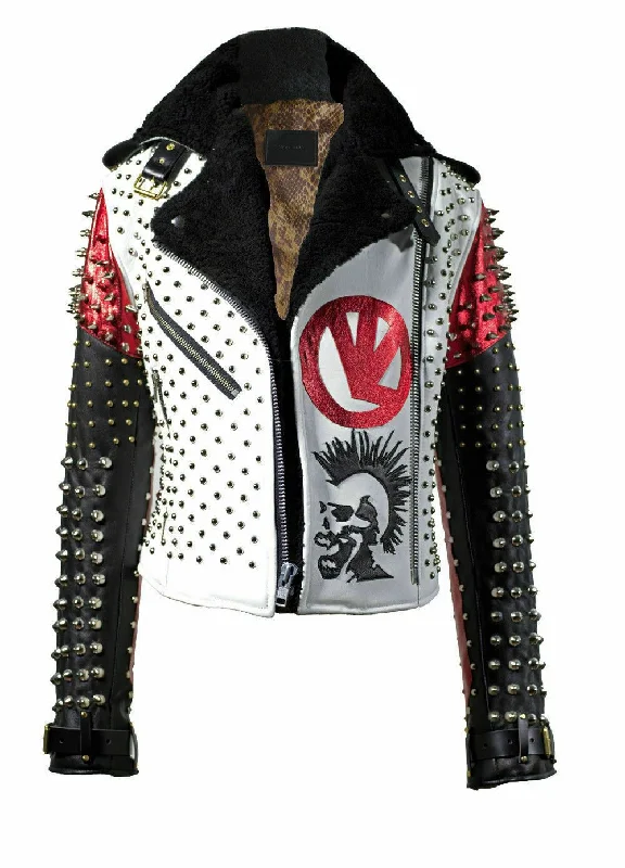 Men leather jackets with a distressed look for a rugged and vintage appeal Men's Handmade Victor Luna White Black Studded Rock Punk Genuine Leather Jacket
