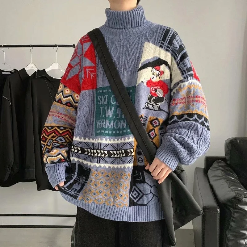 Men's Chunky Knit Wool Pullover in Dark Gray for a Cozy Winter Look Men's Hip-Hop Turtleneck Sweaters