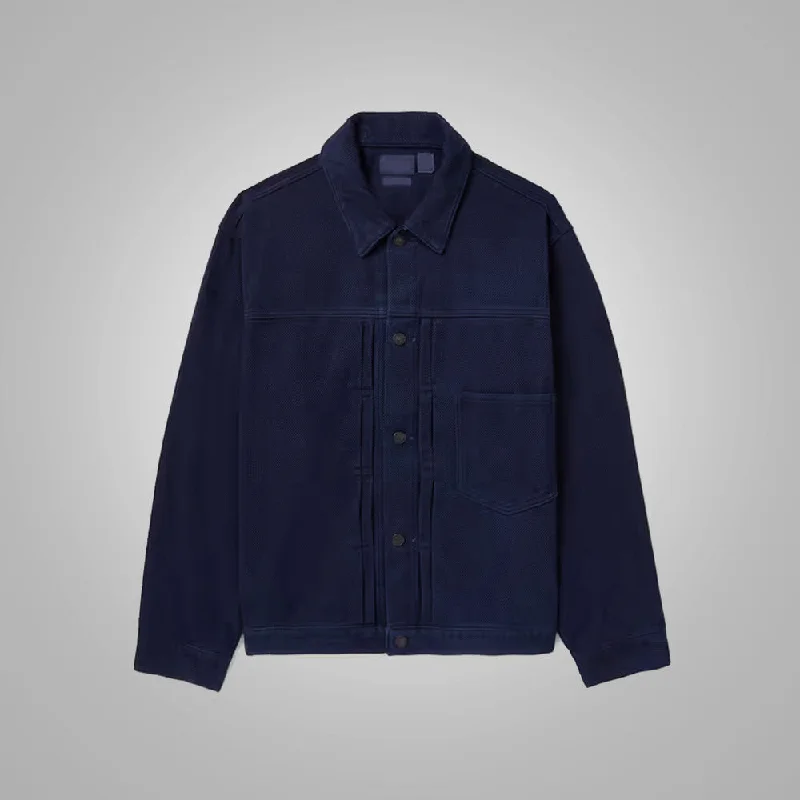 Men leather blazers with a modern fit for a stylish office - to - evening option Men's Indigo Suede Leather Trucker Jacket