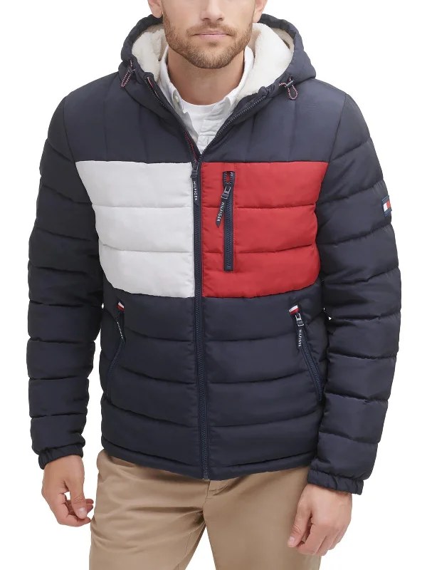 Men down jackets with a trendy color - block design for a fashion - forward look Mens Insulated Hooded Puffer Jacket