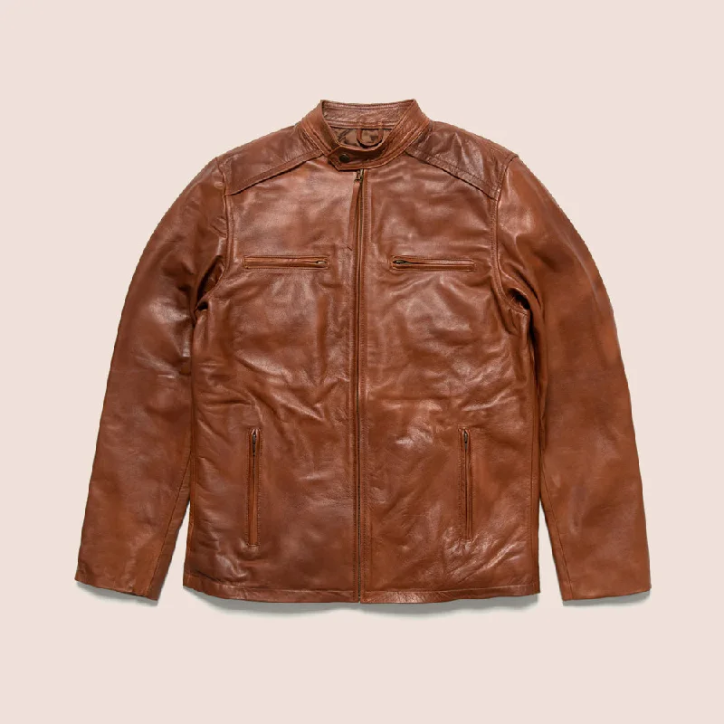 Men leather waistcoats with a decorative button - front for a formal and refined look Mens Light Brown Cafe Racer Leather Motorbike Jacket