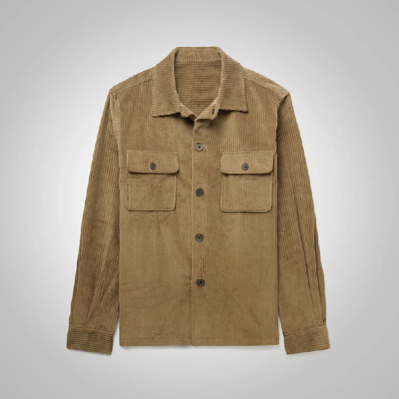 Men leather bomber jackets with ribbed cuffs and hem for a snug and retro feel Mens Light Brown Corduroy overshirt style Jacket