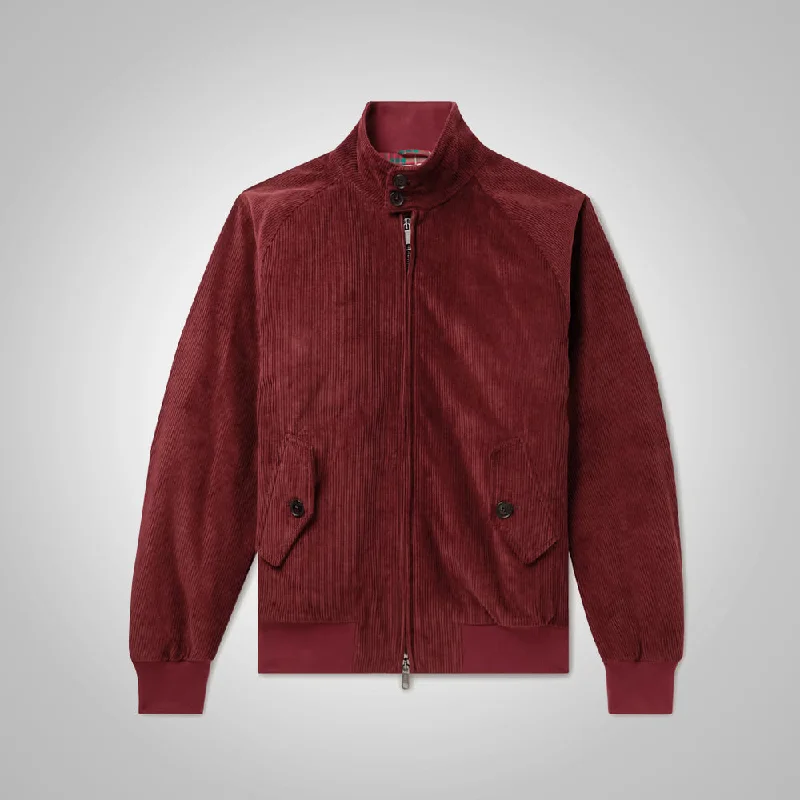 Men leather chore jackets with a durable waxed - leather finish for a rustic and hard - wearing option Mens Maroon Bomber Corduroy Jacket