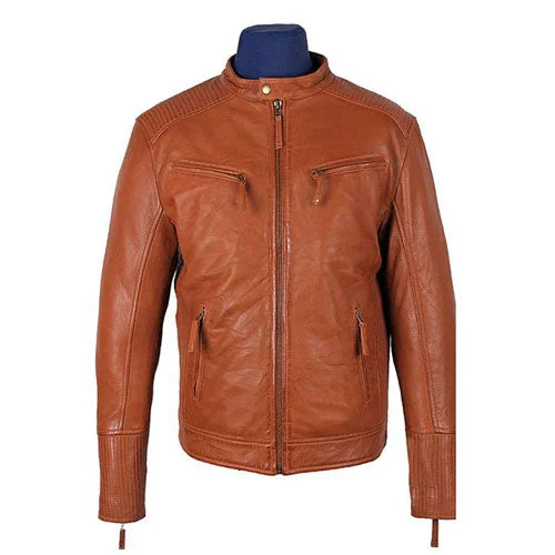 Men leather waistcoats with a decorative button - front for a formal and refined look Men's Miass Tan Leather Jacket