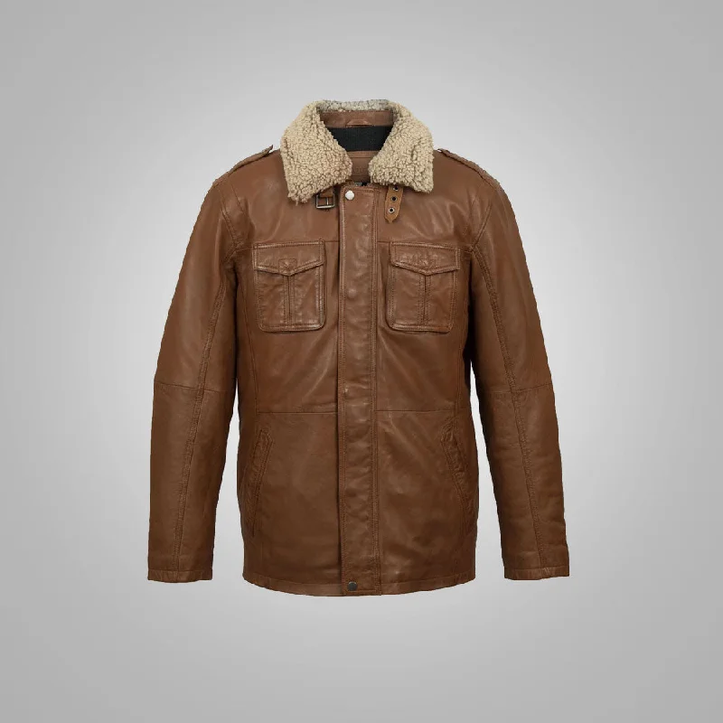 Men leather moto jackets with multiple zipper pockets for added storage and an edgy appearance Mens Natural Brown Leather Blazer Jacket