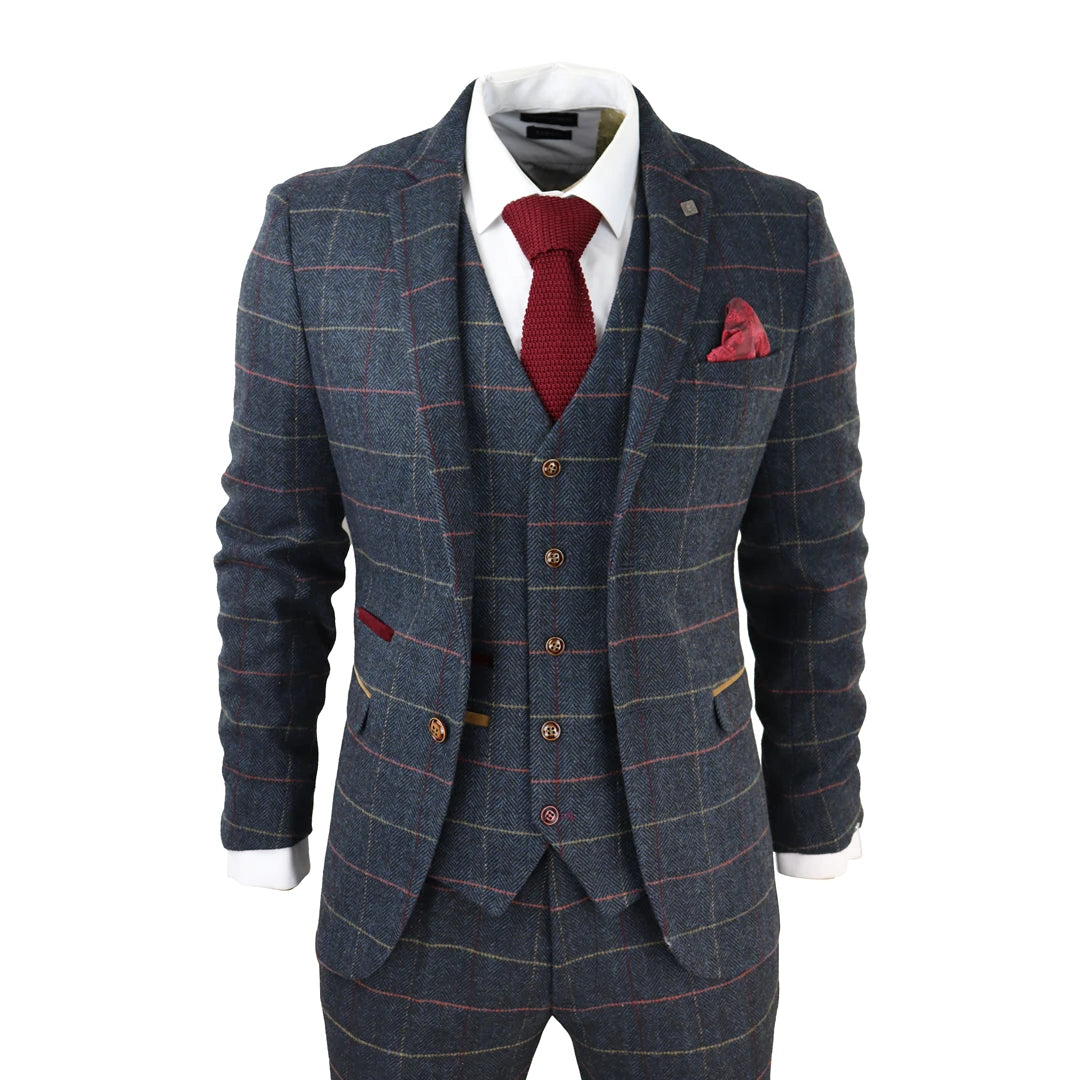  Mens Navy Blue Blazer Herringbone Tweed Checked Formal Suit Jacket
