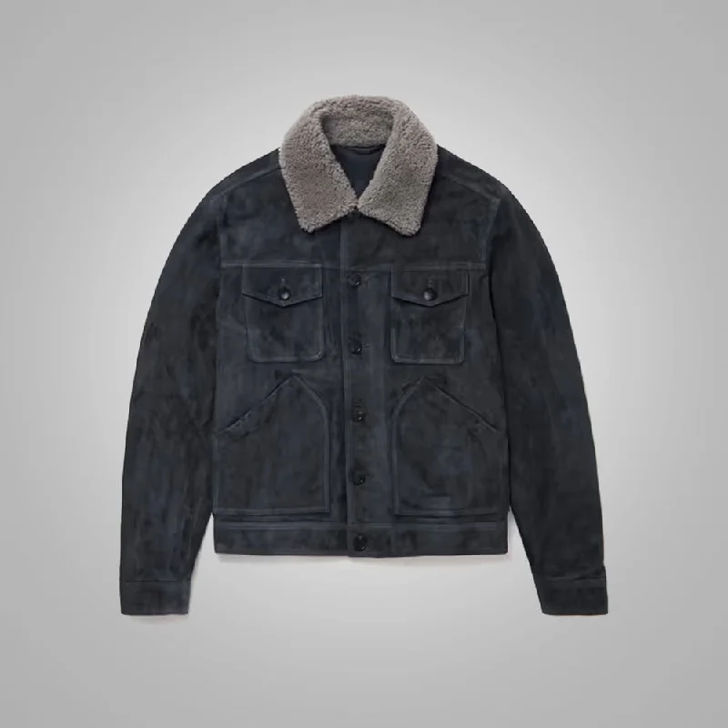 Men leather chore jackets with a durable waxed - leather finish for a rustic and hard - wearing option Mens Navy Fur Collar Suede Leather Trucker Jacket