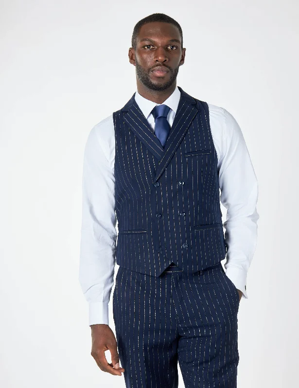 Men waistcoats with a removable lining for added versatility MENS NAVY GOLD PINSTRIPE SMART FORMAL TAILORED FIT WEDDING PARTY WAISTCOAT