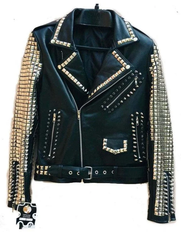 Men leather denim jackets with a combination of leather and denim for a unique hybrid style Men's Punk Style Golden Studded Black Zipper Leather Jacket