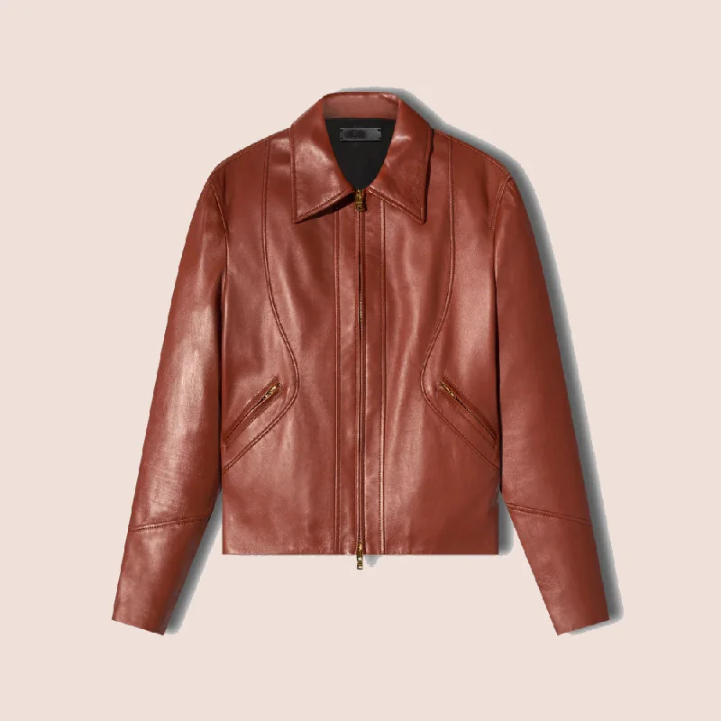 Men leather safari jackets with a breathable cotton - blend exterior for outdoor adventures Mens Real Goatskin Shirt Style Brown Leather Jacket
