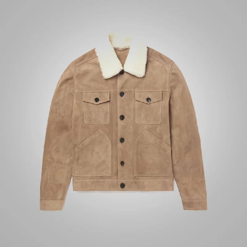 Men leather pea jackets with a high - collar for added warmth and a classic nautical style Mens Shearling Lined Leather Brown Trucker Jacket