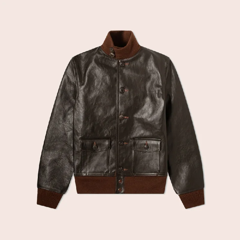 Men leather peacoats with a wool - blend lining for extra warmth in cold weather Mens Vintage Brown A-1 Flight Leather Bomber Jacket
