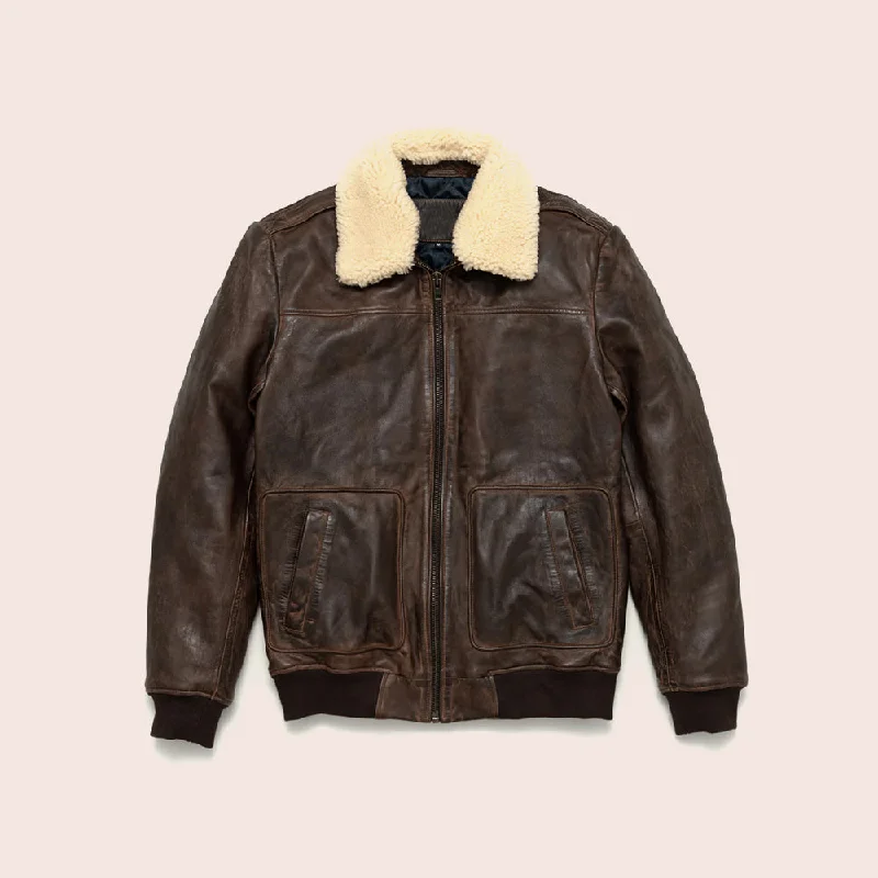 Men leather denim jackets with a combination of leather and denim for a unique hybrid style Men's Vintage Lambskin A2 Brown Leather Shearling Bomber Jacket