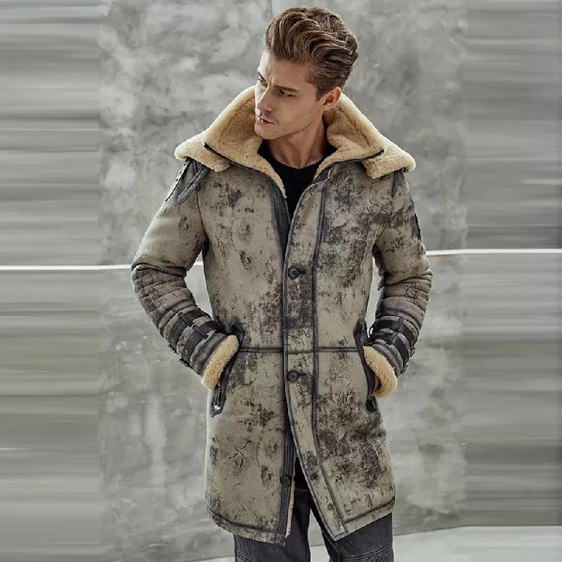 Men leather raincoats with a waterproof membrane for staying dry in wet conditions Men's Waxed B3 RAF Flying Double Collar Sheepskin Shearling Leather Long Jacket Coat