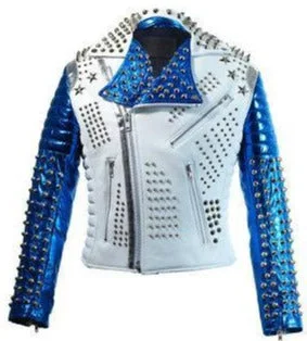 Men leather sport coats with a stretch - fabric panel for enhanced mobility Men's White Blue Studded Leather Stylish Fashion Jacket