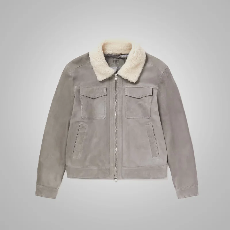 Men leather windbreakers with a lightweight leather construction for a breezy feel Mens White Fur Collar Grey Suede Leather Trucker Jacket