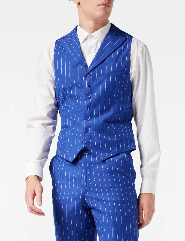 Quilted men waistcoats filled with down for winter warmth MENS WIDE CHALK STRIPE ROYAL BLUE CLASSIC RETRO FIT WAISTCOAT
