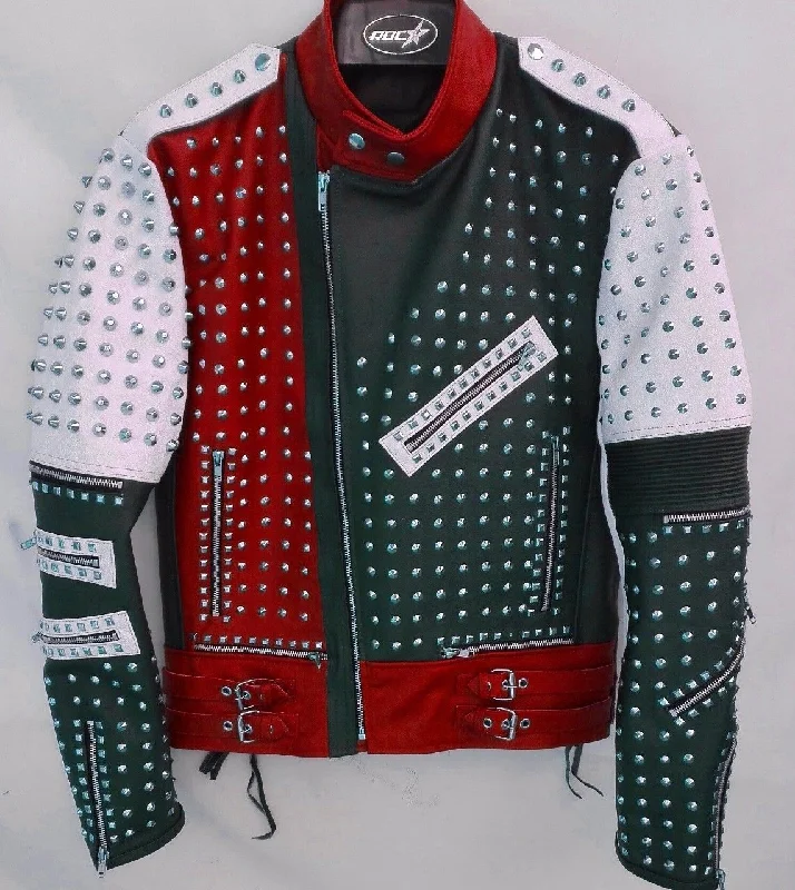 Men leather blazers with a modern fit for a stylish office - to - evening option Multi Color Biker Studded Leather Coat Jacket with Adjustable Waist Belted Strap