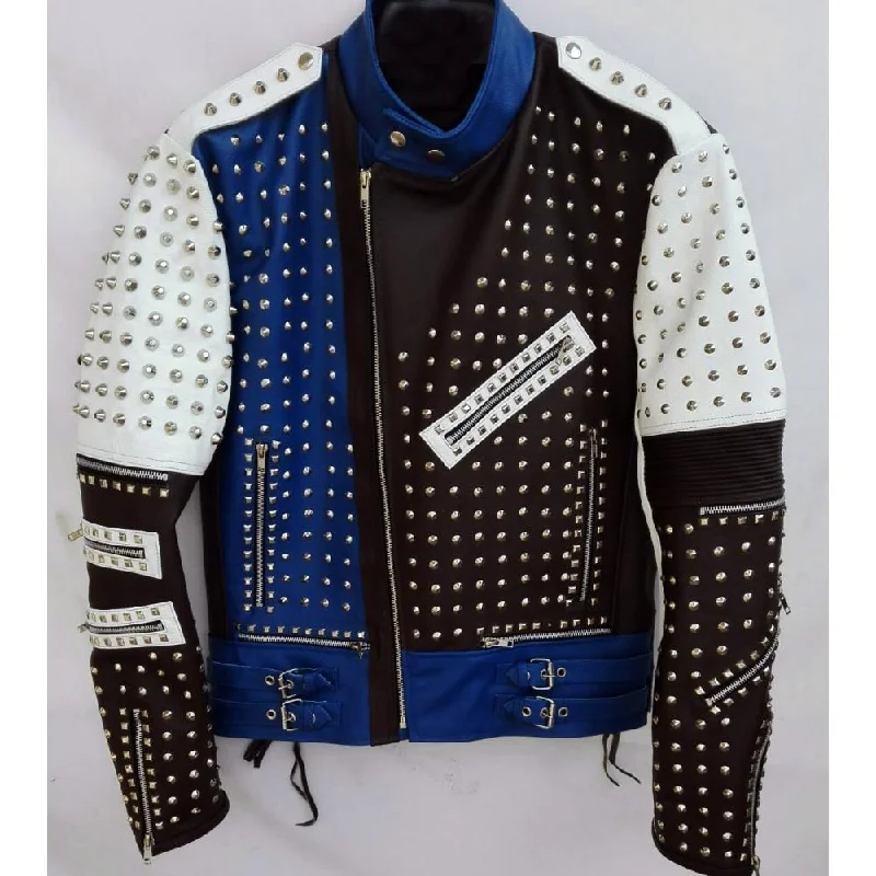 Men leather jackets with a distressed look for a rugged and vintage appeal Multi Color Full Studded Biker Leather Jacket with Adjustable Waist Belted Strap