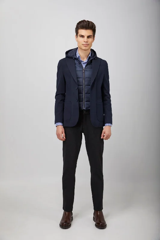Men down jackets with a drawstring hood for a snug fit in windy conditions Navy Puffer Hood Sportcoat