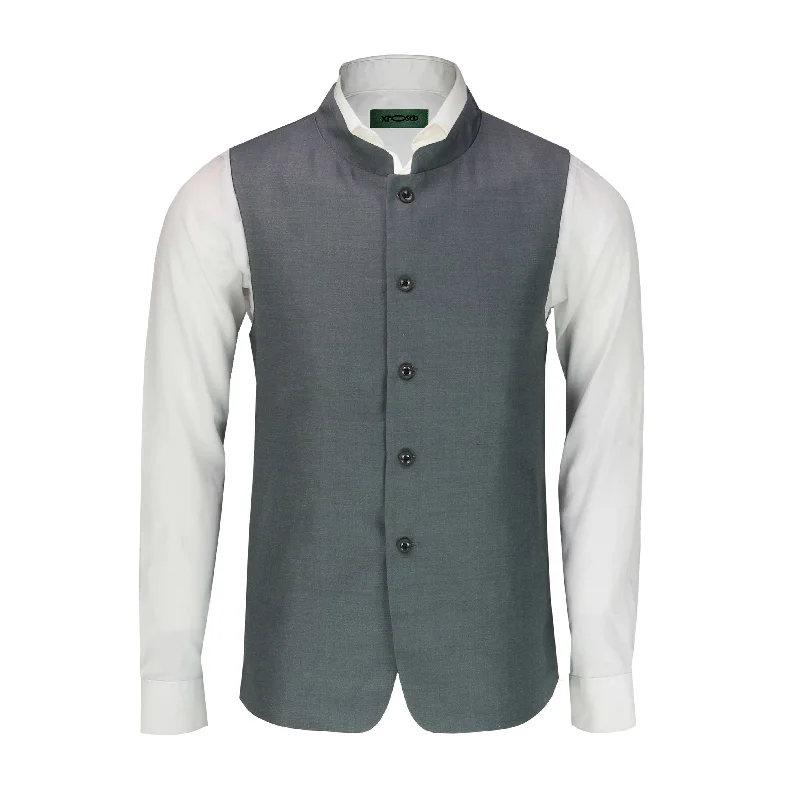 Sleeveless men waistcoats with a high - cut armhole for ease of movement NEHRU STYLE WAISTCOAT IN GREY
