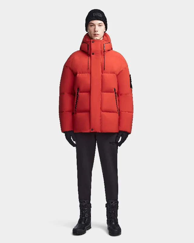 Men down jackets with a reflective strip for increased visibility in low - light NELSON UNISEX DOWN PUFFER WITH HOOD