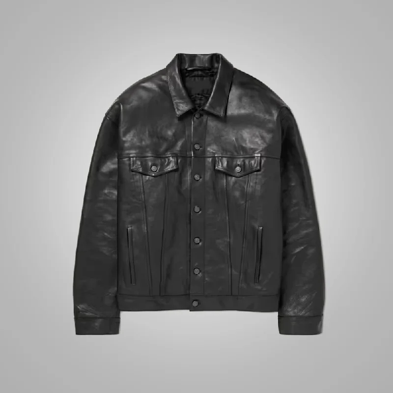 Men leather blouson jackets with a drawstring hem for a customizable fit New Mens Army Black Suede Shearling Leather Trucker Jacket
