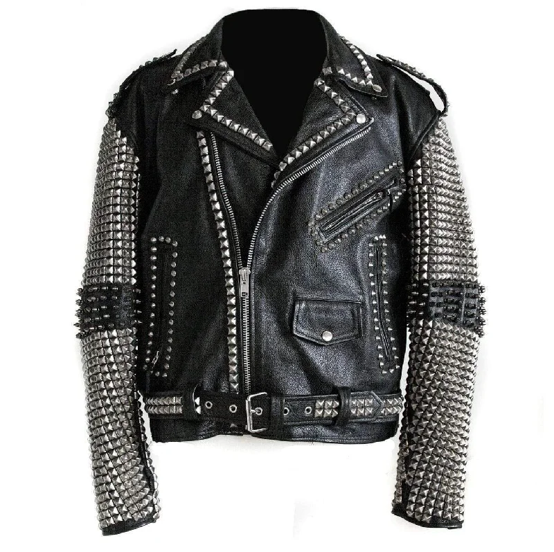 Men leather sport coats with a stretch - fabric panel for enhanced mobility Full Black Punk Silver Spiked Studded Cowhide Leather Stylish Jacket