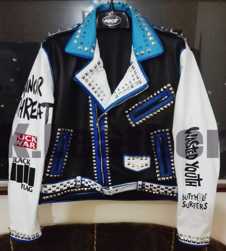 Men leather denim jackets with a combination of leather and denim for a unique hybrid style Mens Multi color Studded Printed Logos Punk Leather Jacket