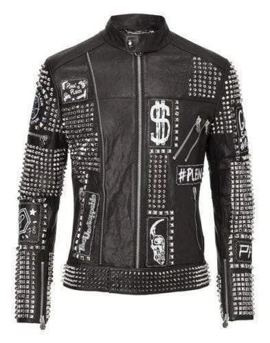 Men leather raincoats with a waterproof membrane for staying dry in wet conditions Mens Punk Biker Full Black Studded Embroidery Patches Leather Jacket