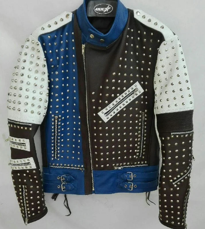 Men leather waistcoats with a decorative button - front for a formal and refined look Mens Punk Blue White Silver Studded Cowhide Leather Jacket