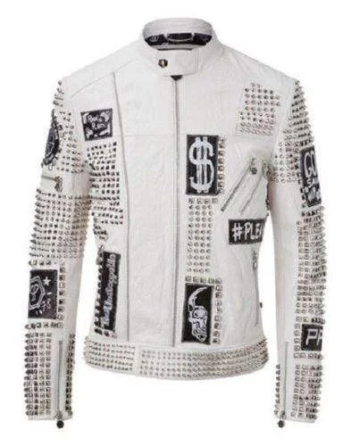 Men leather hunting jackets with a camouflage - printed leather for outdoor pursuits Mens Punk Full White Studded Embroidery Patches Leather Jacket