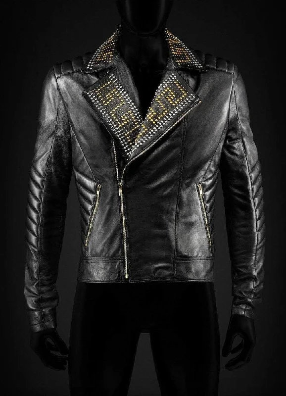 Men leather windbreakers with a lightweight leather construction for a breezy feel Golden Silver Studded Mens Black Cowhide Leather Jacket